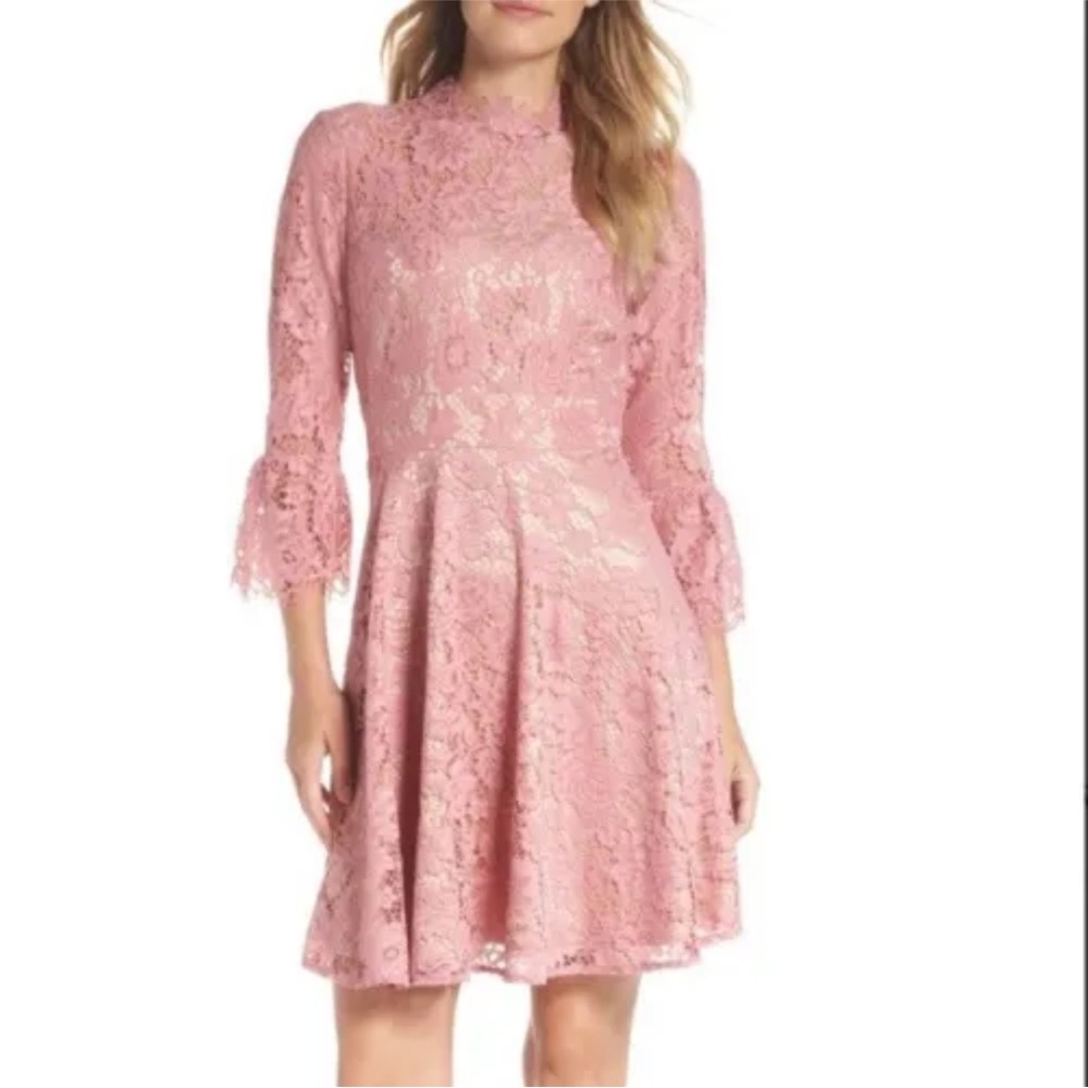 Eliza J Dress Size 4 Pink Plush Floral Lace Open Back 3/4 Sleeve Built In Slip